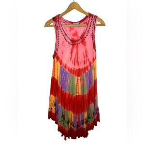 Beachy Boho Tie Dye Embroidered Indian Boutique Flowy Chainstitch Dress